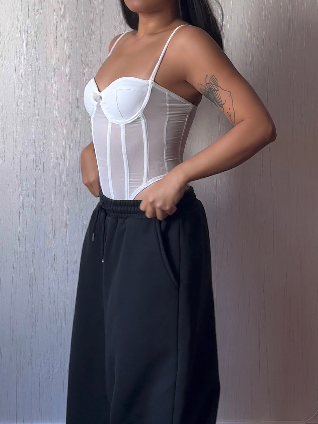 Lace Trim High Waist Bodysuit With Pad